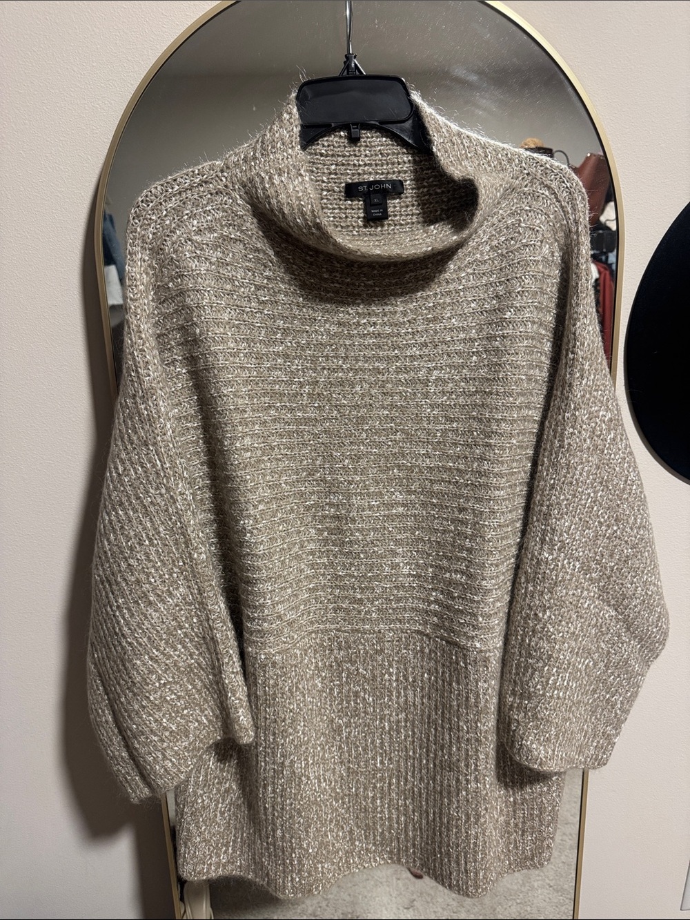 St. John XL Beige Metallic Knit Cowl Neck Oversized Sweater
